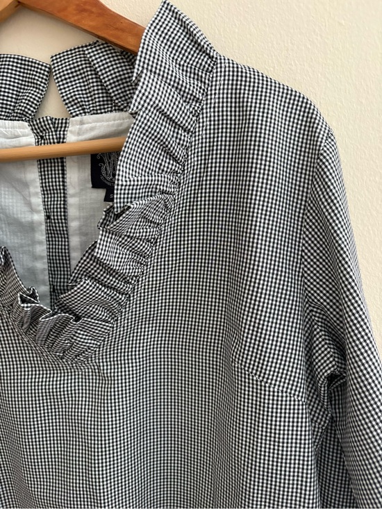 Elizabeth Wilson Tops - Gingham Ruffle V-Neck Blouse in Black & White